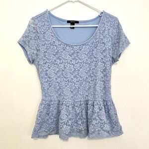 FOREVER 21 Periwinkle Purple / Blue Floral Lace Short Sleeve Peplum Blouse Top L